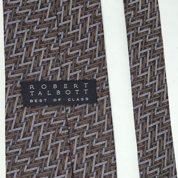 ROBERT TALBOTT BEST OF CLASS SILK TIE BROWN GRAY ABSTRACT LINES 4" X 59" - Picture 3 of 3